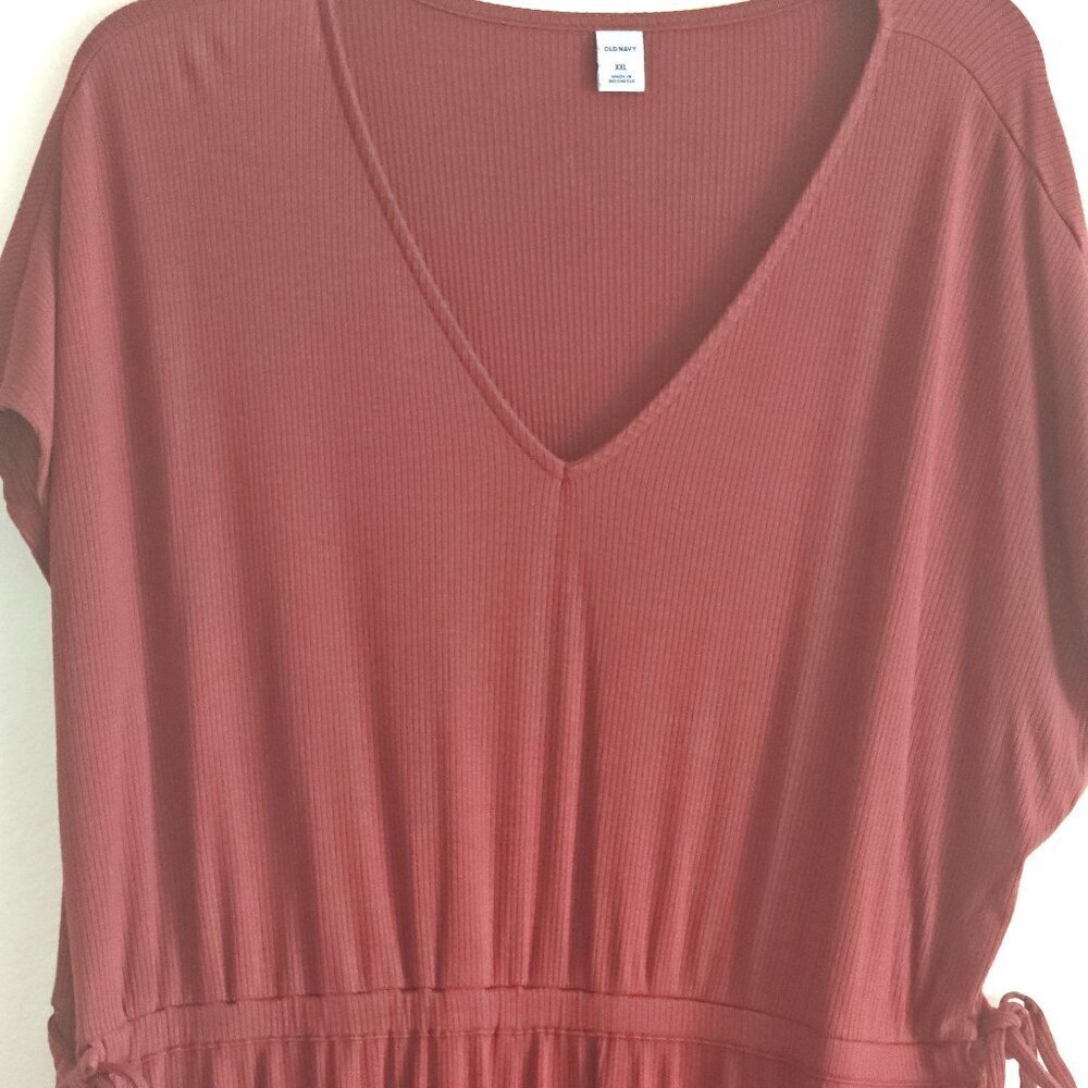 Old Navy,Long midi terra cotta Rust ribbed XXL Dress, Adjustable Waist, Vneck